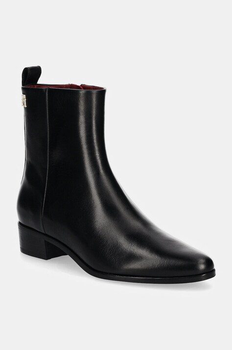 Tommy Hilfiger cizme de piele LOW COWBOY FLAT LEATHER femei, culoarea negru, cu toc plat, FW0FW08103