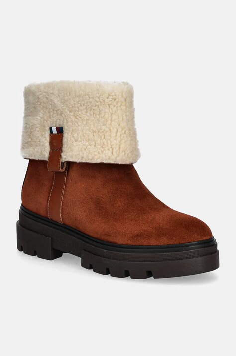 Tommy Hilfiger cizme din piele intoarsa FAUX FUR SUEDE ROLL-DOWN BOOT culoarea maro, cu toc plat, izolat, FW0FW08158