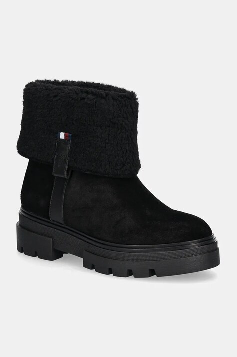 Tommy Hilfiger cizme din piele intoarsa FAUX FUR SUEDE ROLL-DOWN BOOT culoarea negru, cu toc plat, izolat, FW0FW08158