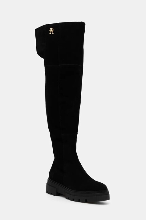 Замшевые сапоги Tommy Hilfiger SUEDE OVER-THE-KNEE BOOT женские цвет чёрный на платформе FW0FW08159