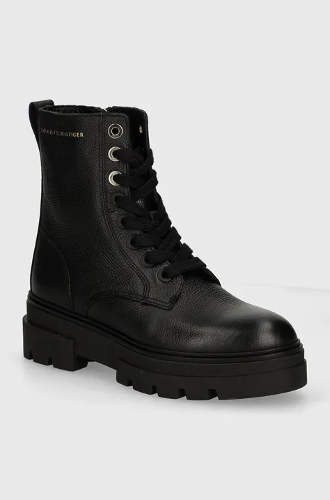 Δερμάτινες μπότες Tommy Hilfiger BICOLOR LEATHER LACE-UP γυναικείες, χρώμα: μαύρο, FW0FW08160