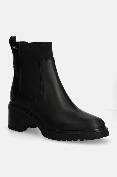 Tommy Hilfiger ghete chelsea de piele FLAG MID HEEL LEATHER CHELSEA femei, culoarea negru, cu toc drept, FW0FW08163
