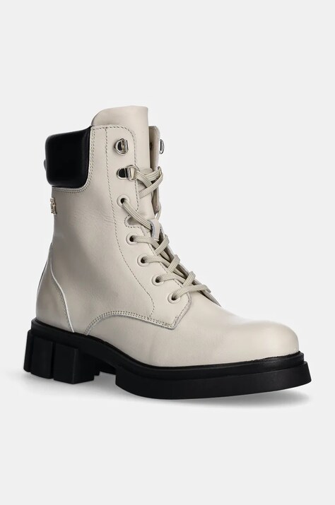 Tommy Hilfiger bocanci de piele LACE-UP BIKER LEATHER femei, culoarea alb, cu platforma, FW0FW08167