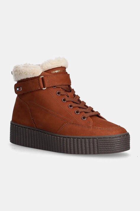 Tommy Hilfiger cizme din piele intoarsa FAUX FUR NUBUCK LOW LACE-UP culoarea maro, cu toc plat, izolat, FW0FW08172