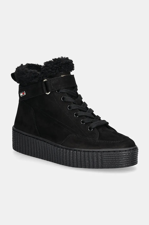 Tommy Hilfiger cizme din piele intoarsa FAUX FUR NUBUCK LOW LACE-UP culoarea negru, cu toc plat, izolat, FW0FW08172