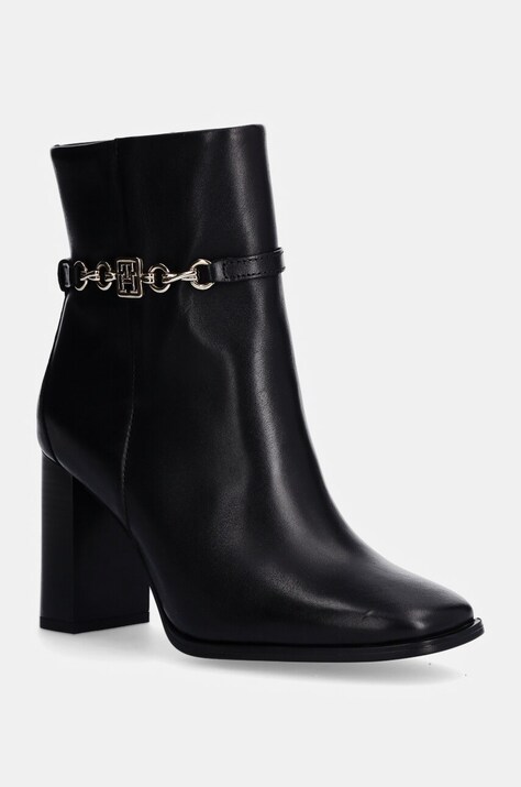 Tommy Hilfiger cizme de piele TH CHAIN HIGH HEEL BOOTIE femei, culoarea negru, cu toc drept, FW0FW08241