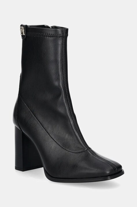 Tommy Hilfiger botine PARTY LEATHER SOCK HEEL BOOTIE femei, culoarea negru, cu toc drept, FW0FW08250
