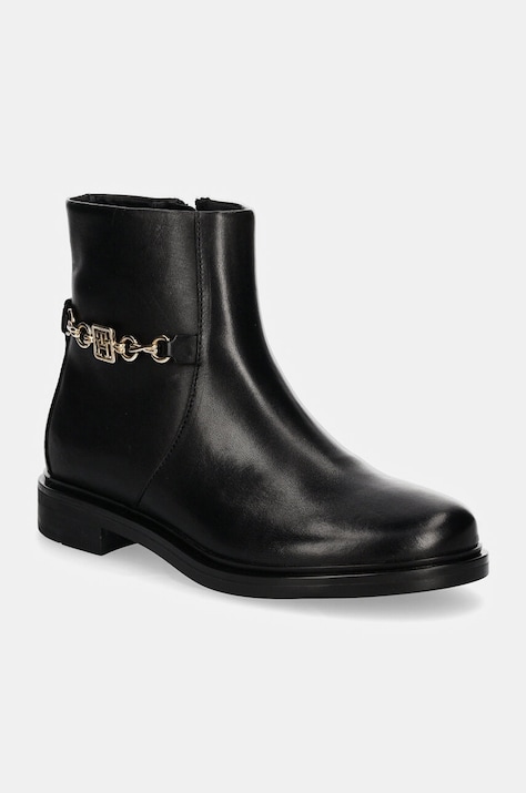 Δερμάτινες μπότες Tommy Hilfiger TH CHAIN LEATHER LOW BOOTIE γυναικείες, χρώμα: μαύρο, FW0FW08251