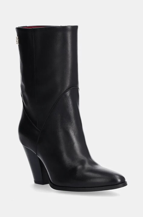 Tommy Hilfiger cizme de piele MID COWBOY HEEL LEATHER femei, culoarea negru, cu toc drept, FW0FW08253