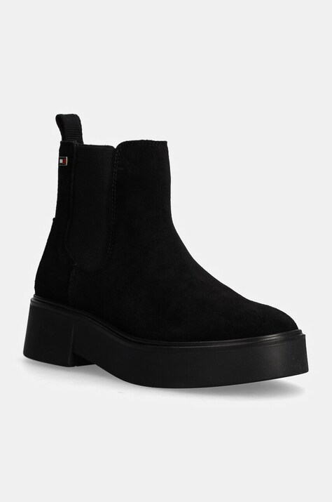 Tommy Hilfiger botine din piele intoarsa MINIMAL SUEDE CHELSEA FLAG femei, culoarea negru, cu platforma, FW0FW08303