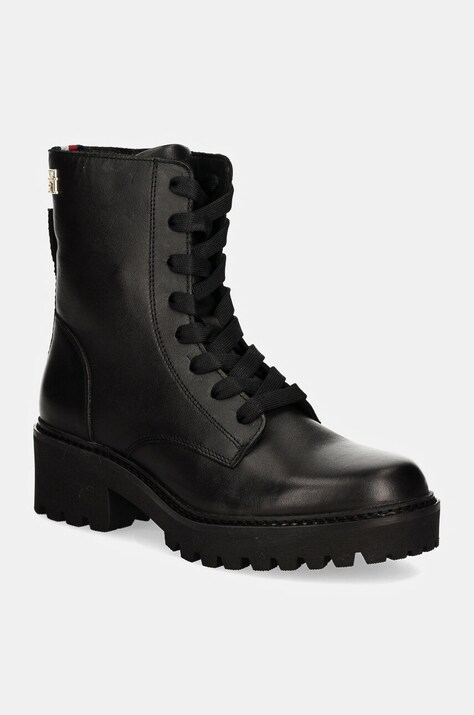 Tommy Hilfiger bocanci de piele CHIC MID HEEL LEATHER LACE-UP femei, culoarea negru, cu toc plat, FW0FW08305