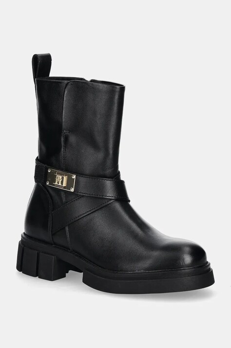 Tommy Hilfiger cizme de piele BIKER LEATHER femei, culoarea negru, cu platforma, FW0FW08313