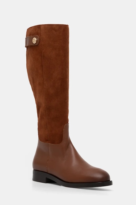 Tommy Hilfiger ghete de piele TH STUD LEATHER MIX LONG BOOT femei, culoarea maro, cu toc plat, FW0FW08341