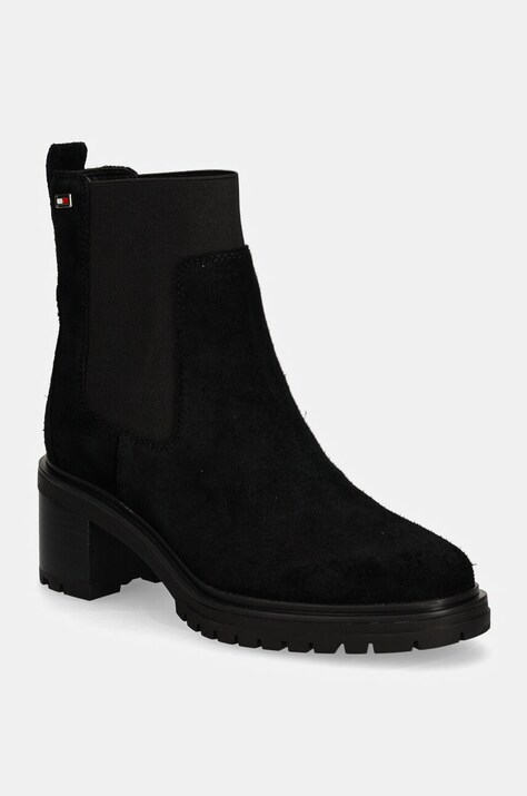 Tommy Hilfiger botine din piele intoarsa FLAG MID HEEL SUEDE CHELSEA femei, culoarea negru, cu toc drept, FW0FW08429