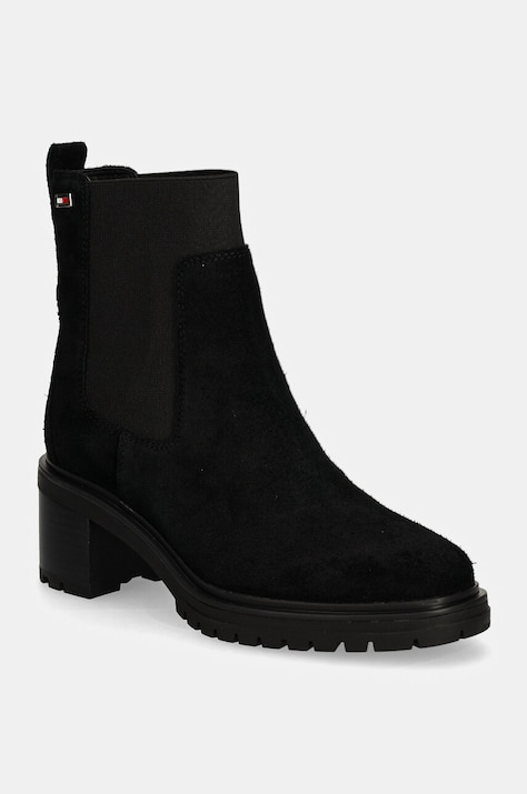 Semišové topánky chelsea Tommy Hilfiger FLAG MID HEEL SUEDE CHELSEA dámske, čierna farba, na podpätku, FW0FW08429