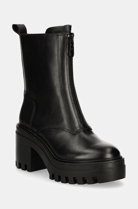 Calvin Klein Jeans Cizme de piele CHUNKY HEELED ZIP BOOT LTH femei, culoarea negru, cu toc drept, YW0YW01541