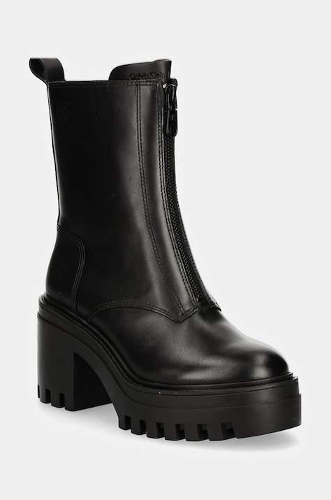 Calvin Klein Jeans Cizme de piele CHUNKY HEELED ZIP BOOT LTH femei, culoarea negru, cu toc drept, YW0YW01541
