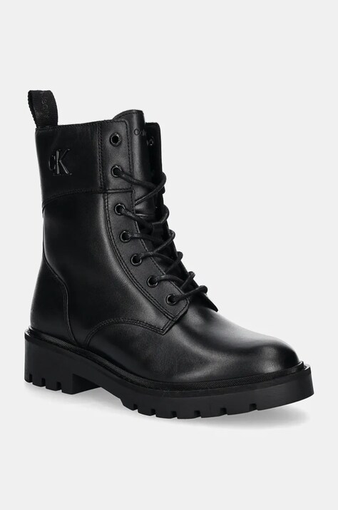 Calvin Klein Jeans bocanci de piele COMBAT BOOT MID ZIP LTH IN CALF femei, culoarea negru, cu toc plat, YW0YW01550