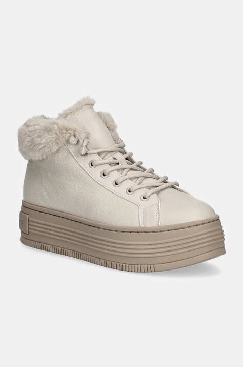 Calvin Klein Jeans ghete de piele BOLD PLATF LOW LACEUP MG LTH femei, culoarea bej, cu platforma, izolat, YW0YW01590