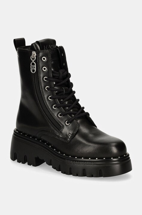 Karl Lagerfeld bocanci de piele KOMBAT femei, culoarea negru, cu toc plat, KL45364