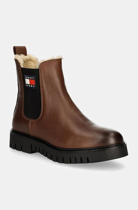 Шкіряні черевики Tommy Jeans TJW CHELSEA BOOT WL жіночі колір коричневий на плоскому ходу утеплене EN0EN02626