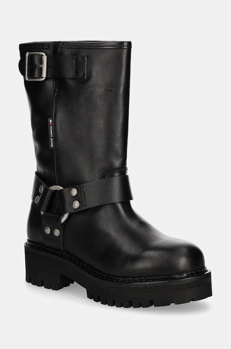 Kožené členkové topánky Tommy Jeans TJW URBAN BIKER BOOT LEATHER dámske, čierna farba, na platforme, EN0EN02728