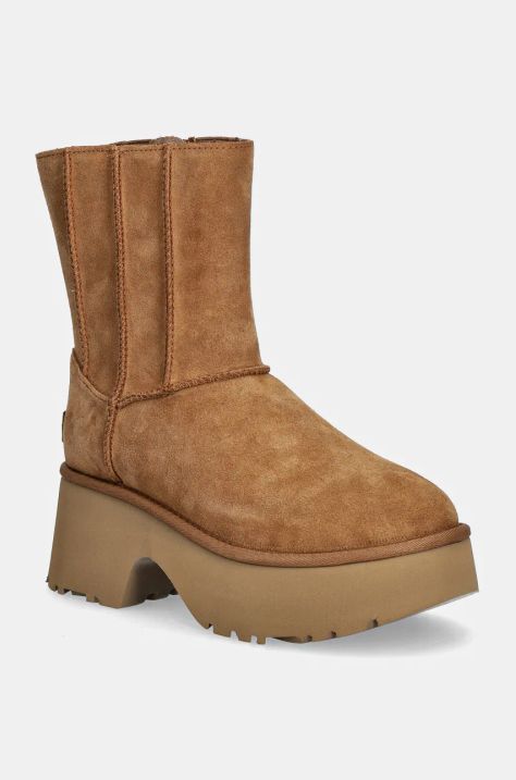 Cipele od brušene kože UGG Classic Twin Seam New Heights za žene, boja: smeđa, s platformom, sa srednje toplom podstavom, 1158313-CHE