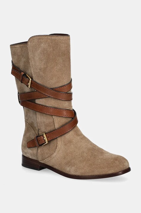 Lauren Ralph Lauren cizme din piele intoarsa Briannah femei, culoarea bej, cu toc plat, 802951233001