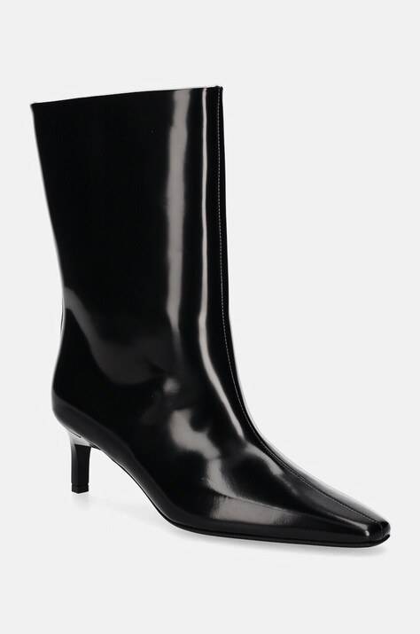 Calvin Klein cizme de piele HEEL MID BOOT 50 LTH femei, culoarea negru, cu toc cui, HW0HW02151