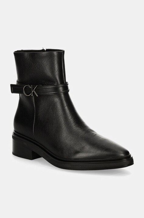 Calvin Klein cizme de piele HEEL ANKLE BOOT 30 W/HW LTH femei, culoarea negru, cu toc plat, HW0HW02183