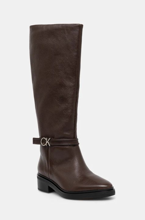 Δερμάτινες μπότες Calvin Klein HEEL KNEE BOOT 30 W/HW LTH γυναικείες, χρώμα: καφέ, HW0HW02184