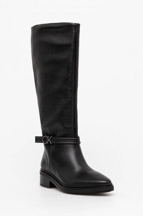 Calvin Klein ghete de piele HEEL KNEE BOOT 30 W/HW LTH femei, culoarea negru, cu platforma, HW0HW02184
