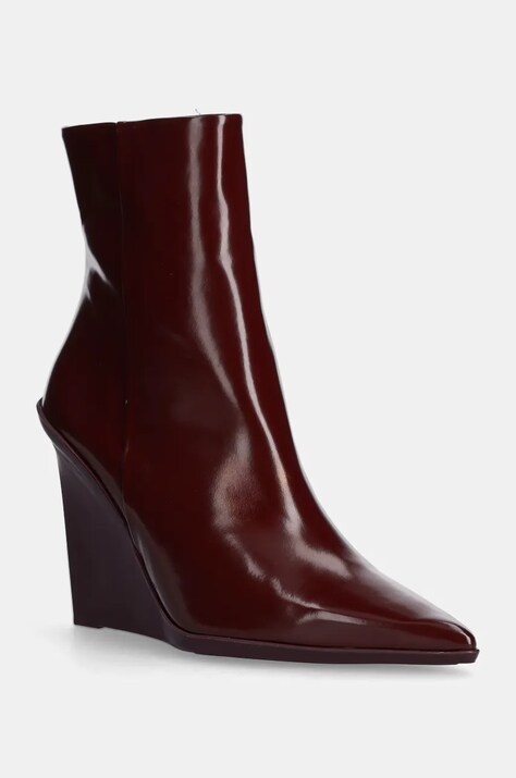 Calvin Klein cizme de piele WEDGE ANKLE BOOT 90 LTH femei, culoarea bordo, toc pana, HW0HW02256