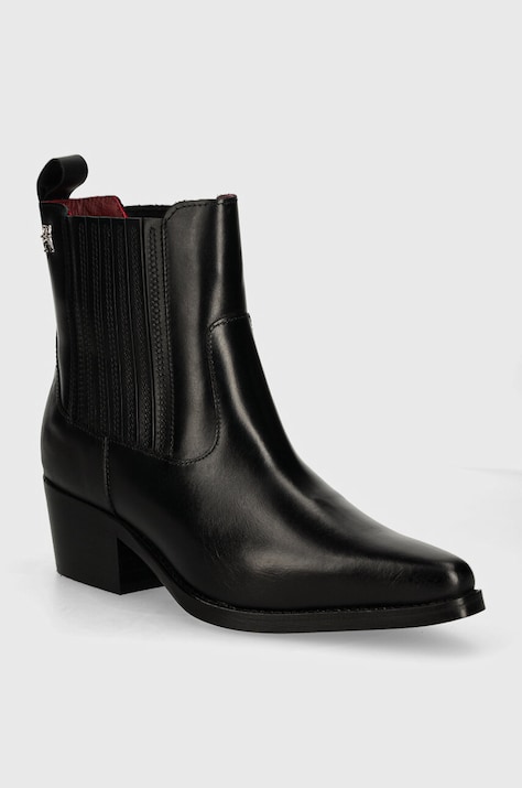 Tommy Hilfiger ghete chelsea de piele TH LEATHER COWBOY BOOT femei, culoarea negru, cu toc drept, FW0FW08033