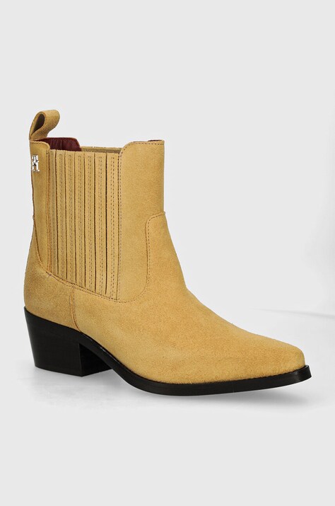 Tommy Hilfiger botine din piele intoarsa TH SUEDE COWBOY BOOT femei, culoarea bej, cu toc drept, FW0FW08034