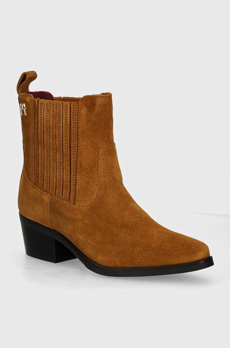 Tommy Hilfiger botine din piele intoarsa TH SUEDE COWBOY BOOT femei, culoarea maro, cu toc drept, FW0FW08034