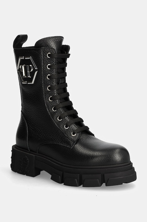 Кожаные полусапоги Philipp Plein Embossed Army Boot женские цвет чёрный на платформе WSE0811 PLE010N 02