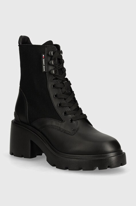 Tommy Jeans botine TJW MID HEEL BOOT MIX MEDIA femei, culoarea negru, cu toc plat, EN0EN02556