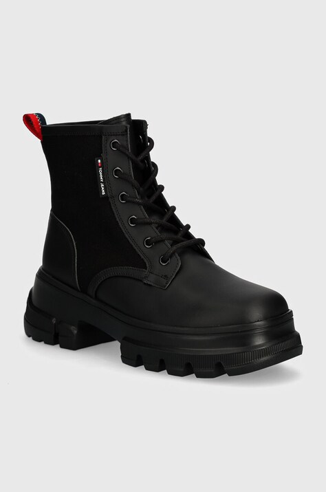 Tommy Jeans botine TJW CHUNKY LACE UP BOOT MIX MAT femei, culoarea negru, cu platforma, EN0EN02554