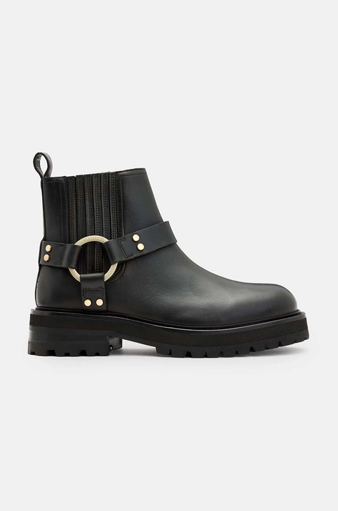 Kožené členkové topánky AllSaints Maddie Biker Boot dámske, čierna farba, na plochom podpätku, W054FB