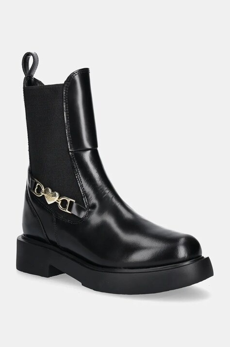Love Moschino cizme de piele femei, culoarea negru, cu toc plat, JA24204G0LJD0000