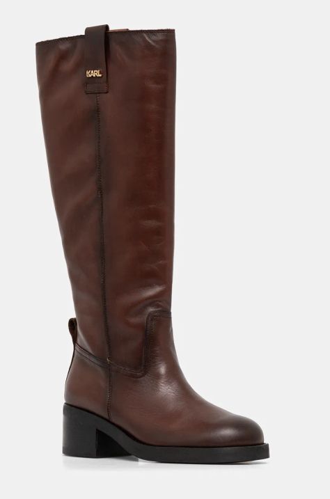 Кожени ботуши Karl Lagerfeld BROOKLYN в кафяво с дебел ток KL41790