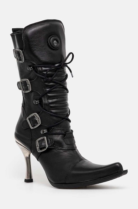 Kožené členkové topánky New Rock ITALI NEGRO FINO + MALICIA TACON CARIBE ACERO dámske, čierna farba, na vysokom podpätku, M-9373-S8