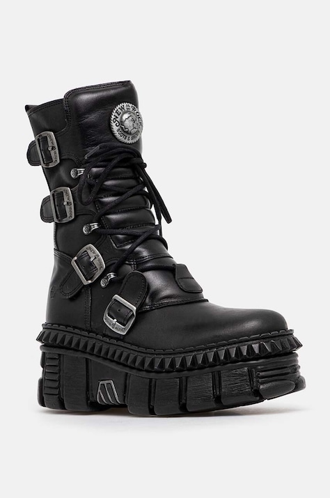 Kožené členkové topánky New Rock čierna farba, na platforme, M-WALL373-S6