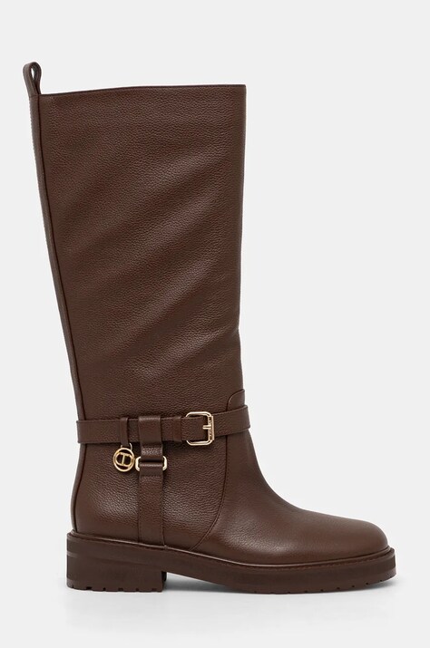 Шкіряні чоботи Twinset жіночі колір коричневий на плоскому ходу 242TGT172