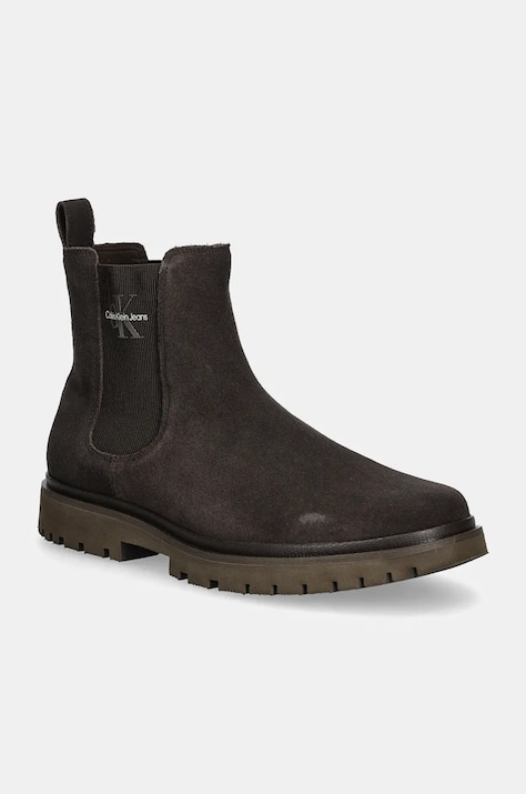 Calvin Klein Jeans ghete chelsea de piele EVA BOOT MID CHELSEA ICONIC DR barbati, culoarea maro, YM0YM01080