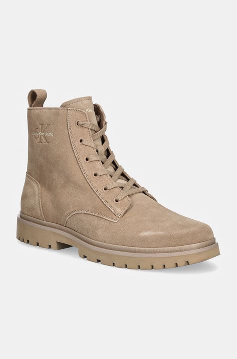 Кожени боти Calvin Klein Jeans EVA BOOT MID LACEUP ICONIC DRESS в бежово YM0YM01070