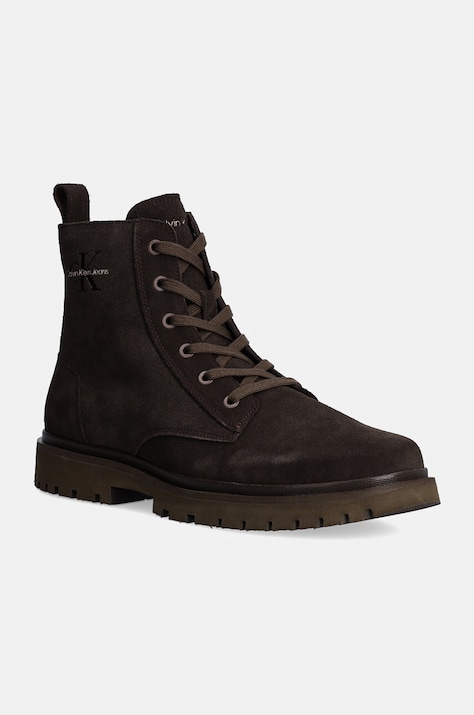 Calvin Klein Jeans pantofi inalti de piele EVA BOOT MID LACEUP ICONIC DRESS barbati, culoarea maro, YM0YM01070