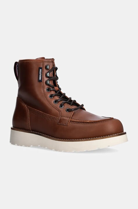 Tommy Hilfiger ghete de piele TH AMERICAN PREM CHECK LTH BOOT barbati, culoarea maro, FM0FM05194