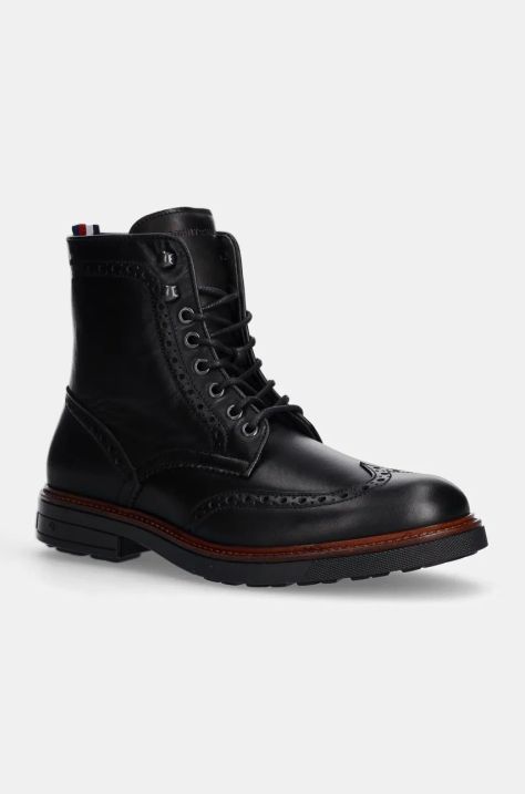 Tommy Hilfiger ghete de piele HILFIGER WARM LTH BROGUE BOOT barbati, culoarea negru, FM0FM05195